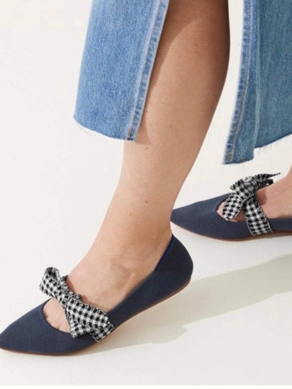 Rothy's Navy and Gingham Bow Pointed Toe Flat Maryjane Size W8